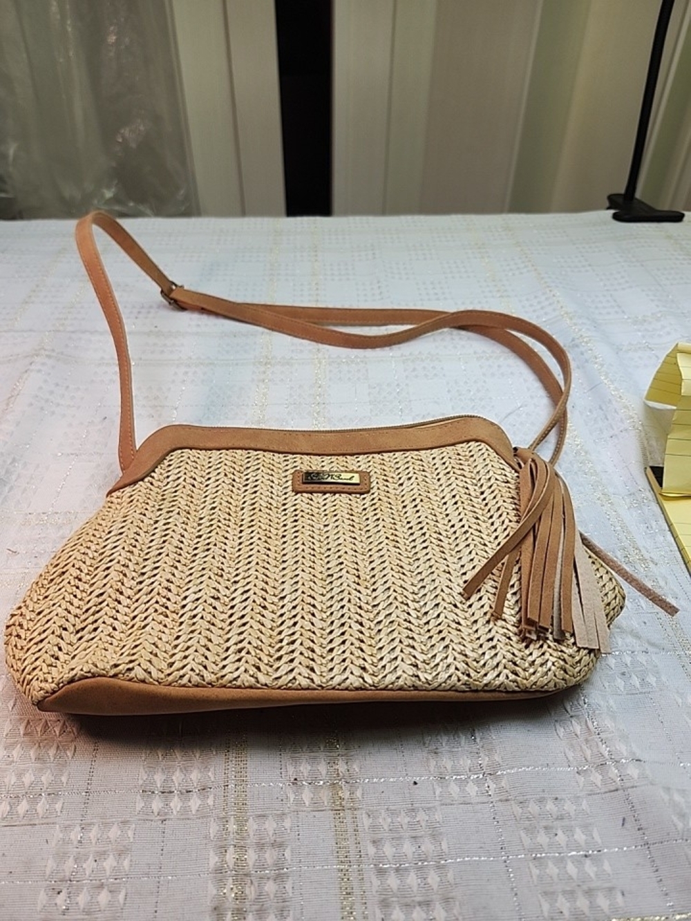 SUN AND SAND Neutral Straw Crossbody Bag with Tan Trim and Tassel